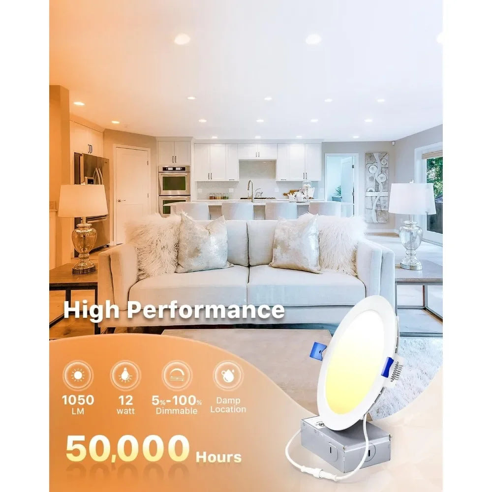 24-Pack 6" Ultra-Slim LED Recessed Ceiling Light with Junction Box, 3000K Warm White Light, 12W 110W Eqv, Dimmable