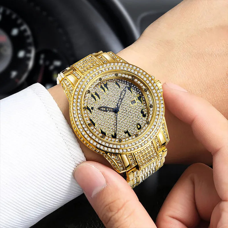 Big Brand Watches For Men Fashion Alloy Band Hip Hop Diamond Golden Luxury Date Quartz Vintage Watch Montres de Marque de Luxe