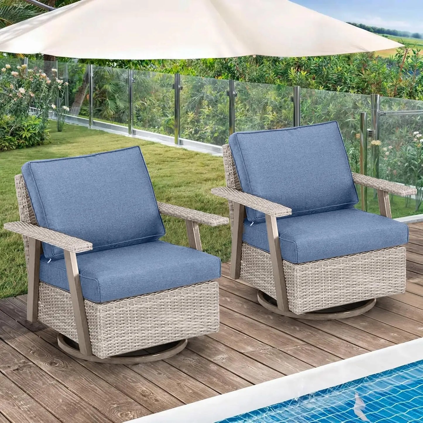 2 Pieces Oversized Outdoor 360° Swivel Rocker Patio Chairs Set, Swiveling Rocking Glider Chairs Set of 2, PE Wicker Rattan Outdo