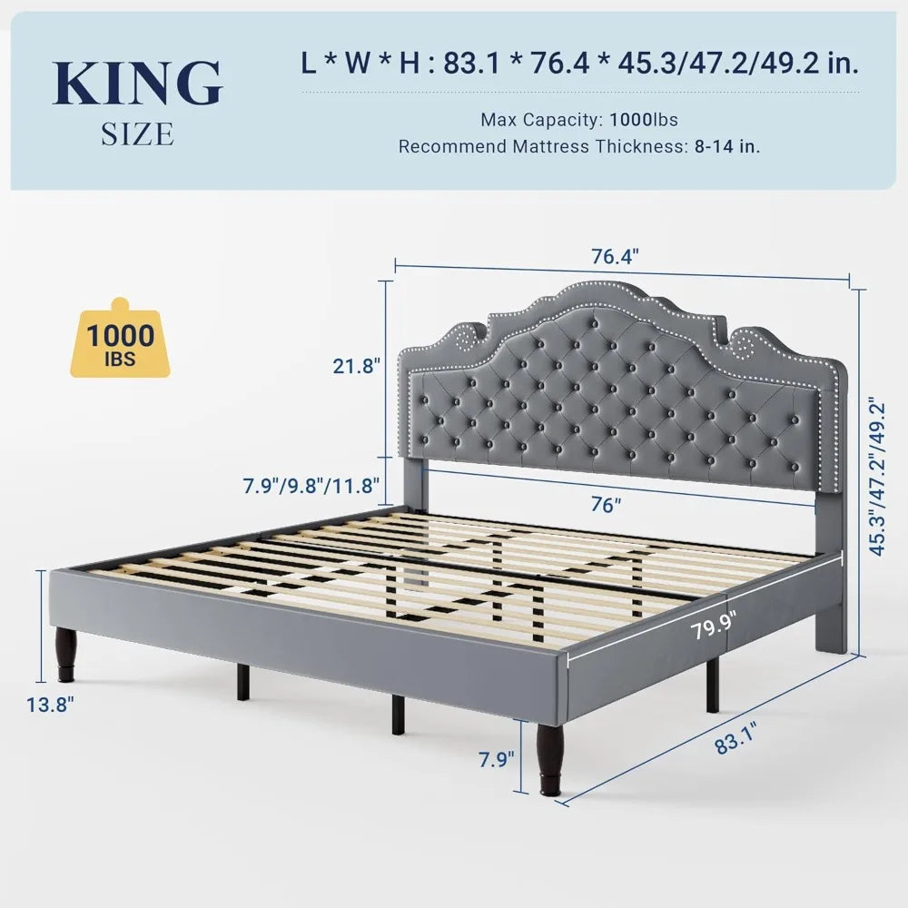Adjustable Velvet Tiara Headboard King Size Bed Frame with Upholstered Diamond Button Tufted Platform and Wood Slats Support