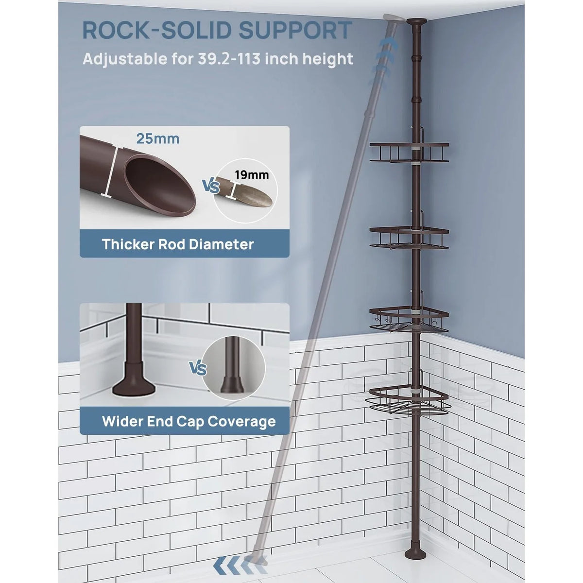 Rustproof Shower Corner Caddy Organizer for Bathroom,Tension Pole with 4 Baskets, for Bathtub Storage Rack,39.2 to 113 Inch