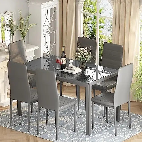 7-Piece Dining Set for 6, Glass Table & PU Leather Chairs, Modern Small Space Dining Set