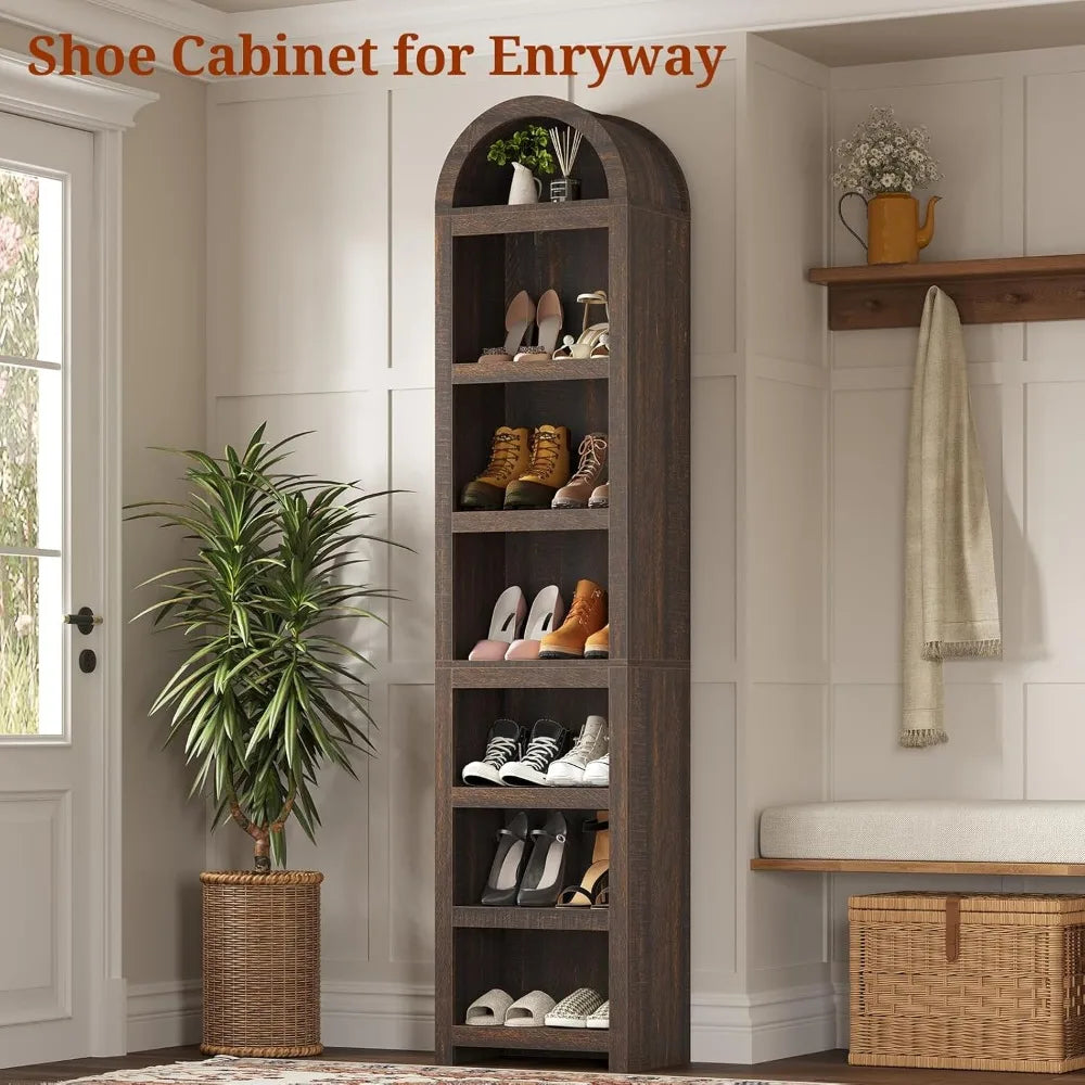 76" high 3-tier slim arched bookshelf - modern adjustable shelving for living room storage