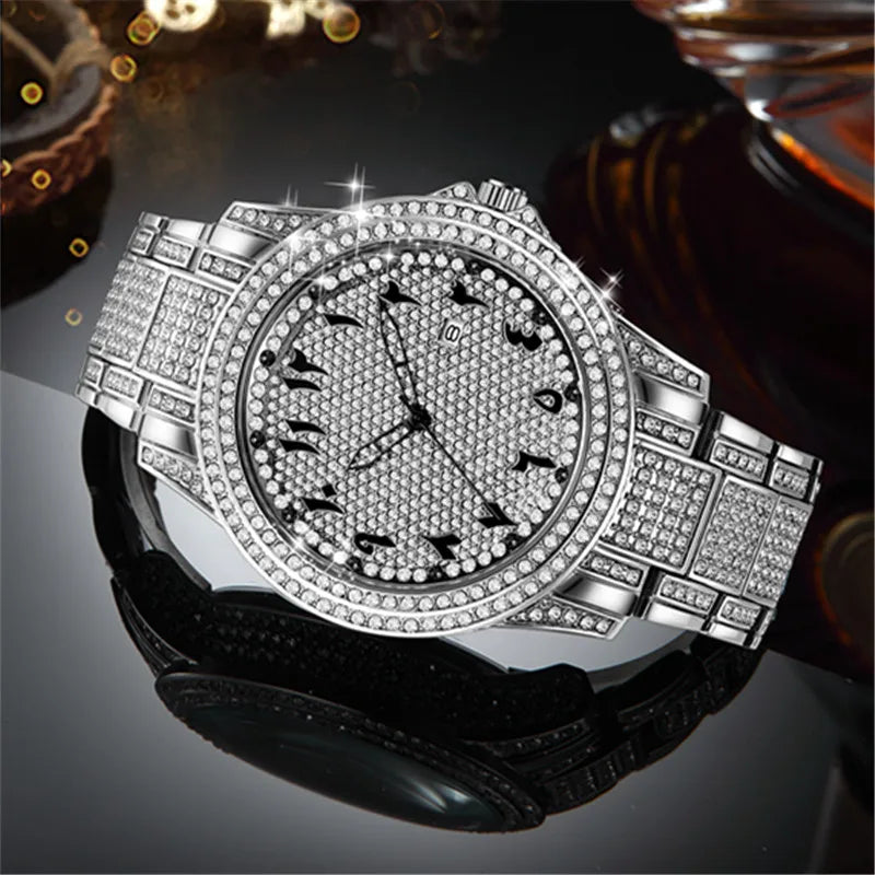Big Brand Watches For Men Fashion Alloy Band Hip Hop Diamond Golden Luxury Date Quartz Vintage Watch Montres de Marque de Luxe