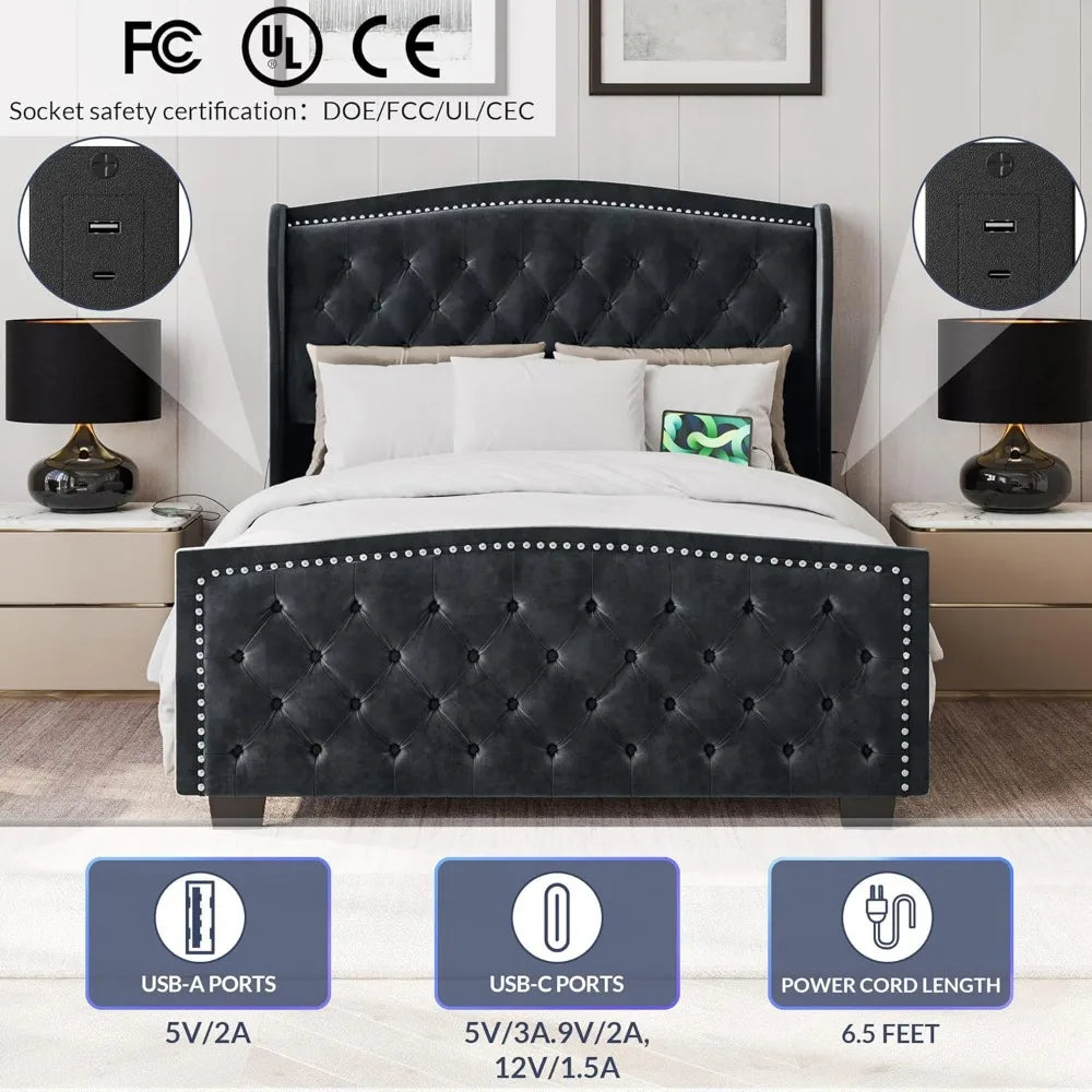 BELLEZE Queen Headboard Bed Frame with Fast Charging Port, Upholstered Platform Bed Frame with Handmade Button Tufted Headboard,
