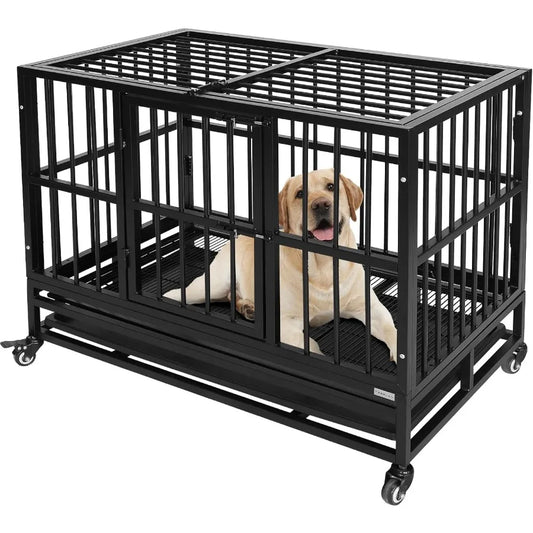 Heavy Duty Dog Kennel 37-Inch with Indestructible Steel Frame Portable Design Featuring Wheels Double Doors for Easy Access Stu