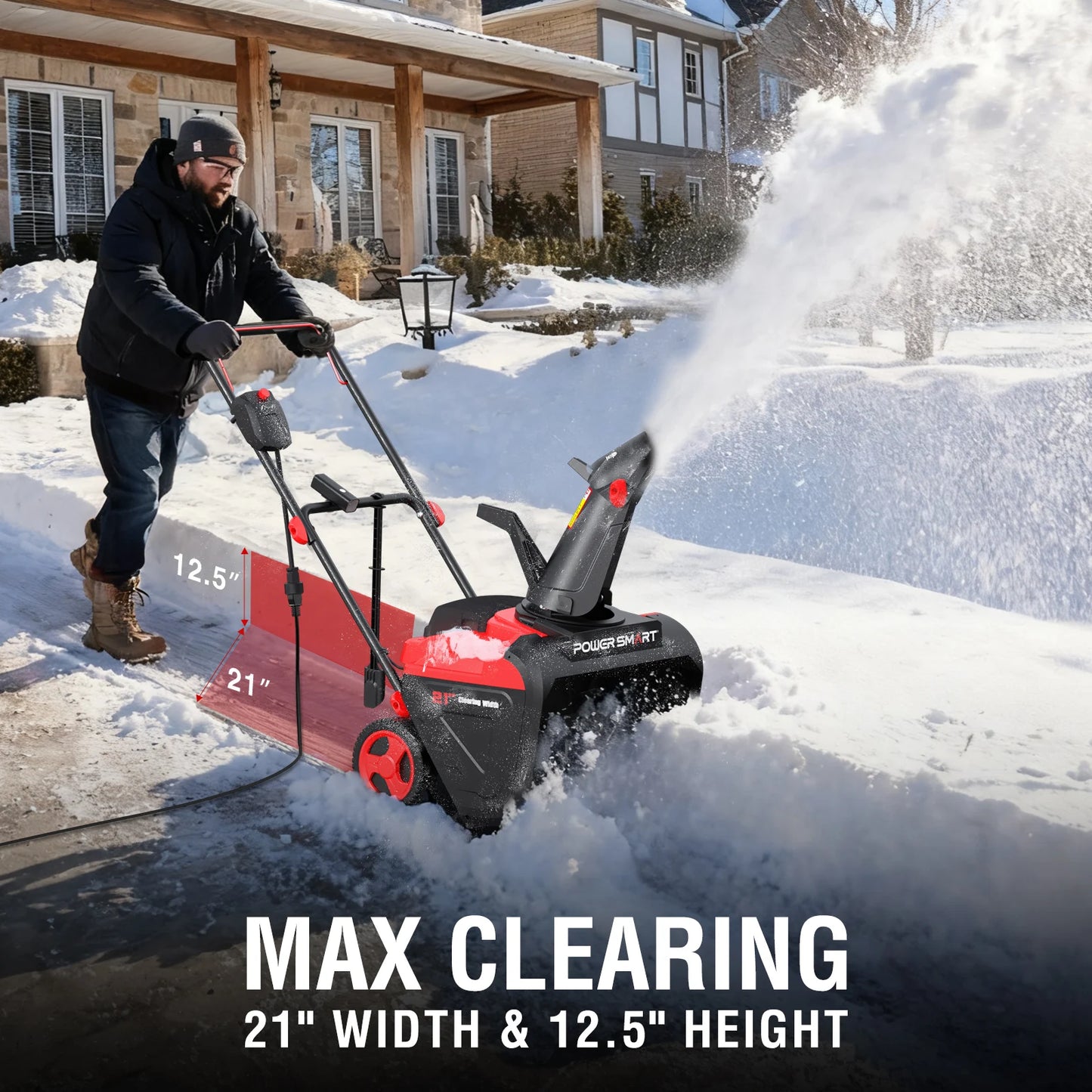 PowerSmart 15A Electric Snow Thrower, 21" Snow Blower with 180° Chute, LED Light, Lightweight for Yard, Driveway & Sidewalk