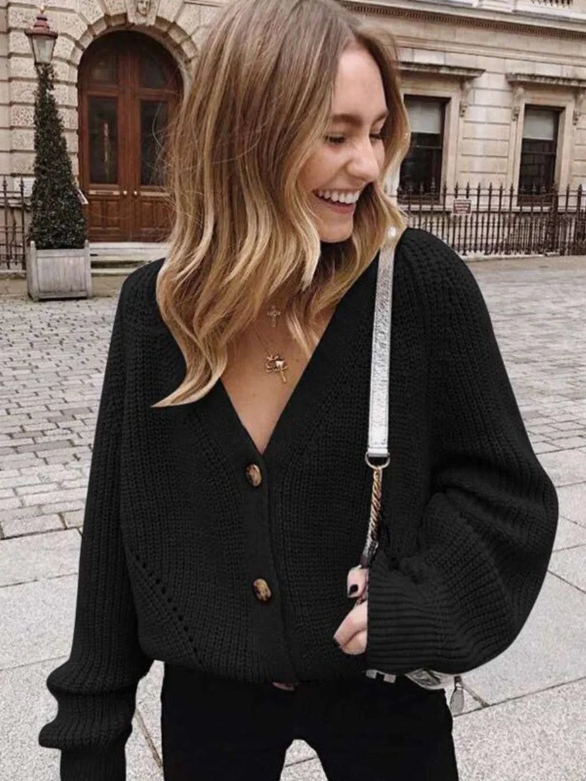 Grey Cardigan Sweater Women Cozy Soft Knit Button Up V-Neck Jumper Basic Knitwear Autumn Winter Outfit