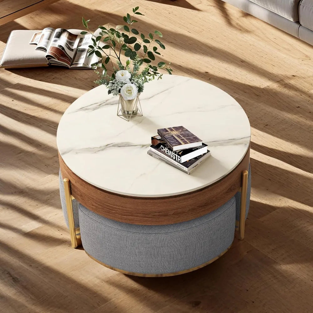 32'' Elegant Round Lift-Top Marble Coffee Table Set with Hidden Storage Soft Nesting Ottomans Modern Farmhouse Living Room Decor