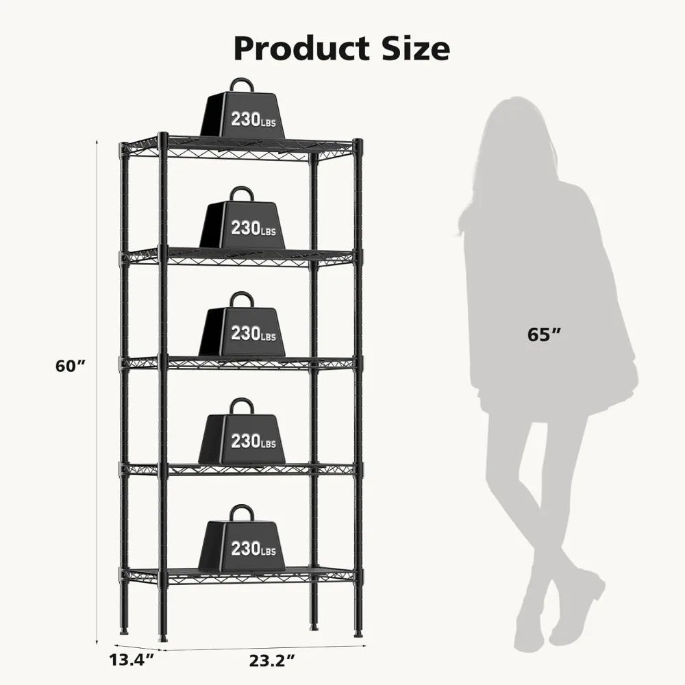 5-Tier Adjustable Metal Wire Storage Shelves, Heavy Duty Steel Rack for Kitchen Bathroom Garage, Black