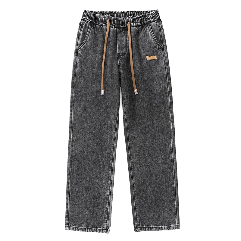 Men Dark Blue Blue Stretch Elastic Waist Denim Pants Streetwear Loose Full Length Trousers Straight Wide Leg Drawstring Jeans