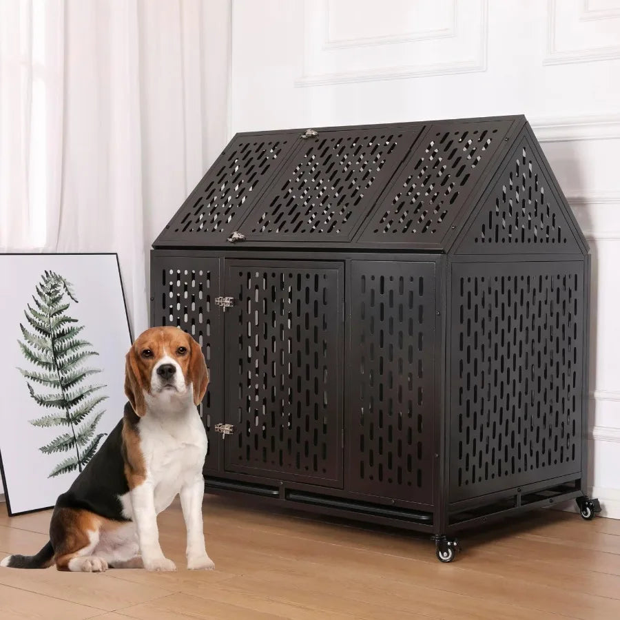 44'' Indestructible Heavy Duty Dog Crate Escape-Proof Kennel with Pointed Roof for High Anxiety Large Medium Dogs Steel Chewpro