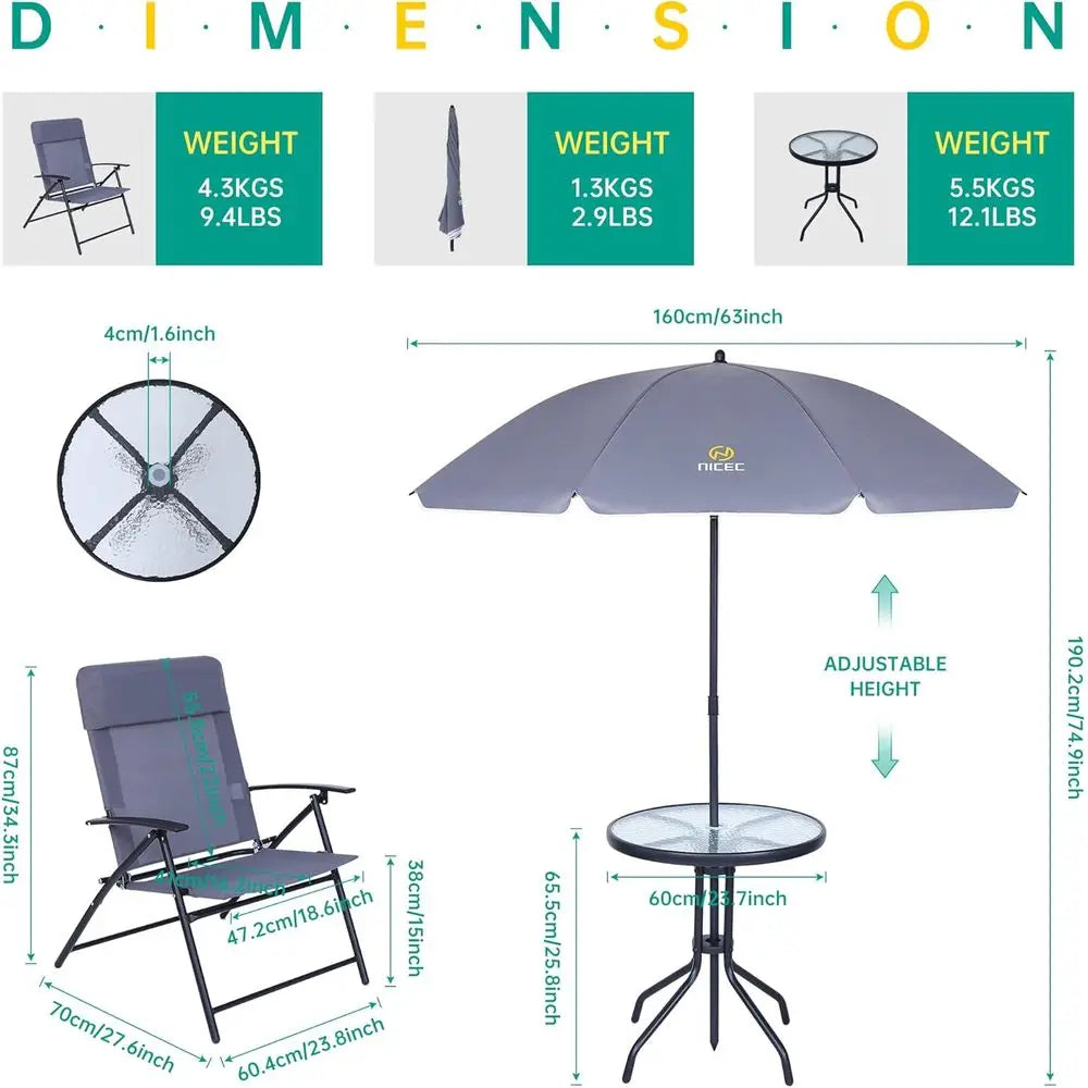 Outdoor Dining Set with Umbrella, 4-Piece Patio Furniture, Grey Glass Table & Folding Chairs