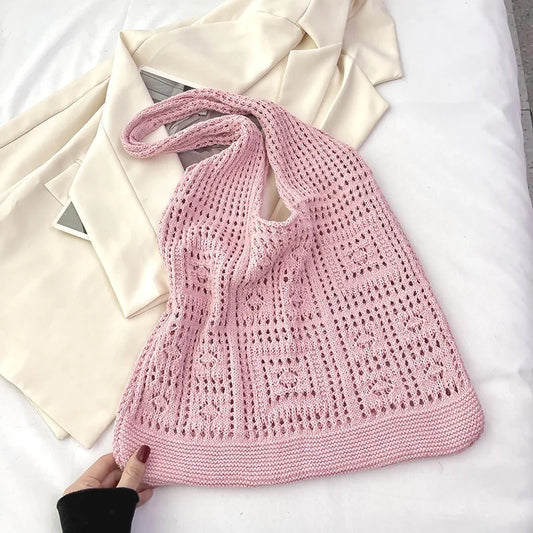 Women'S Shopping Bag Vintage Knitted Shoulder Bag Handmade Crochet Bag Slouchy Hollow Out Handbag For Shopping Women'S Casual