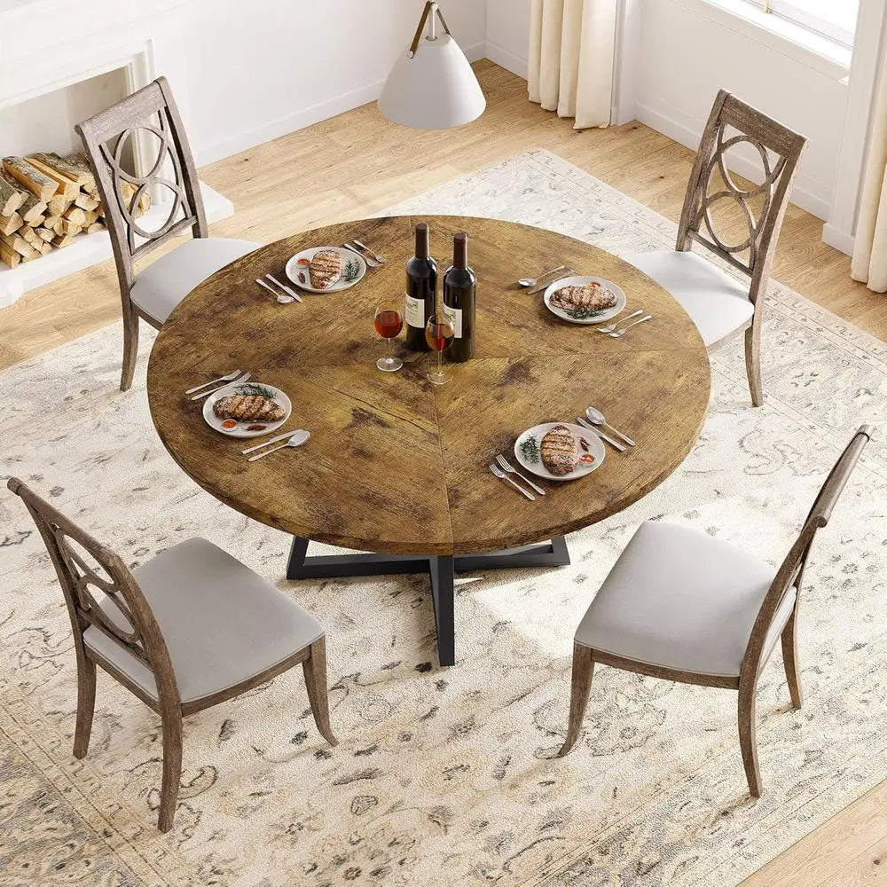 Rustic Brown 47 Inch Round Dining Table with Wooden Top and Metal Base for 4, Suitable for Kitchen or Living Room