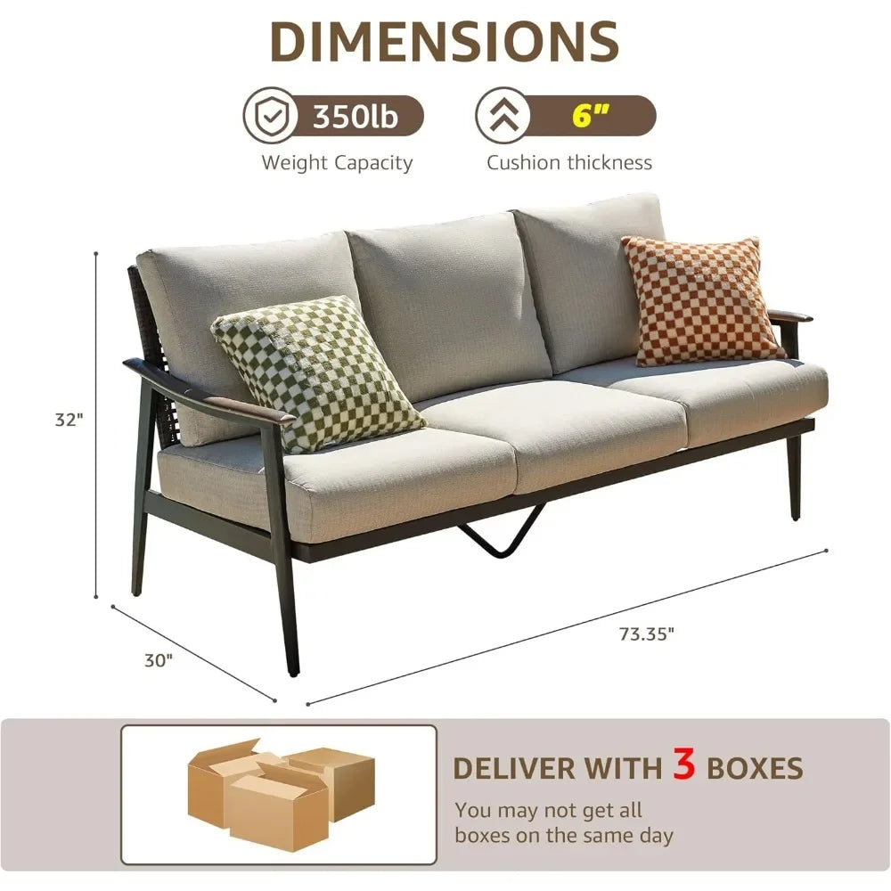 Outdoor Patio Sofa Furniture Metal Chair with Wicker Backrest And 6-Inch Cushion Indoor Front Porch Deck Decorative Garden Bench