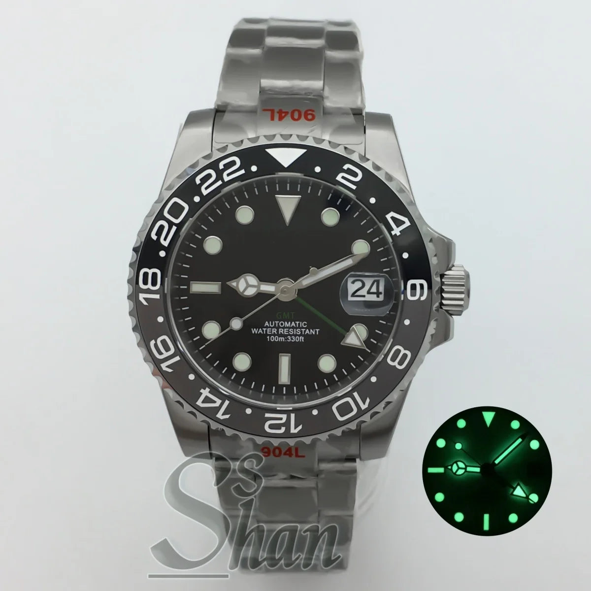 Customized logo luxury 40mm NH34 GMT mechanical watch ceramic bezel sapphire glass green luminous dial water-resistant to 10ATM