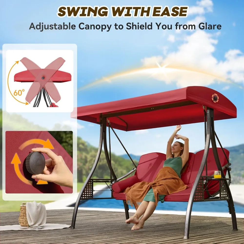 3 in 1 Outdoor Porch Swing with Adjustable Canopy, 3 Seat Outdoor Swing for Adults, Patio Swing Chair with Thickened Cushions