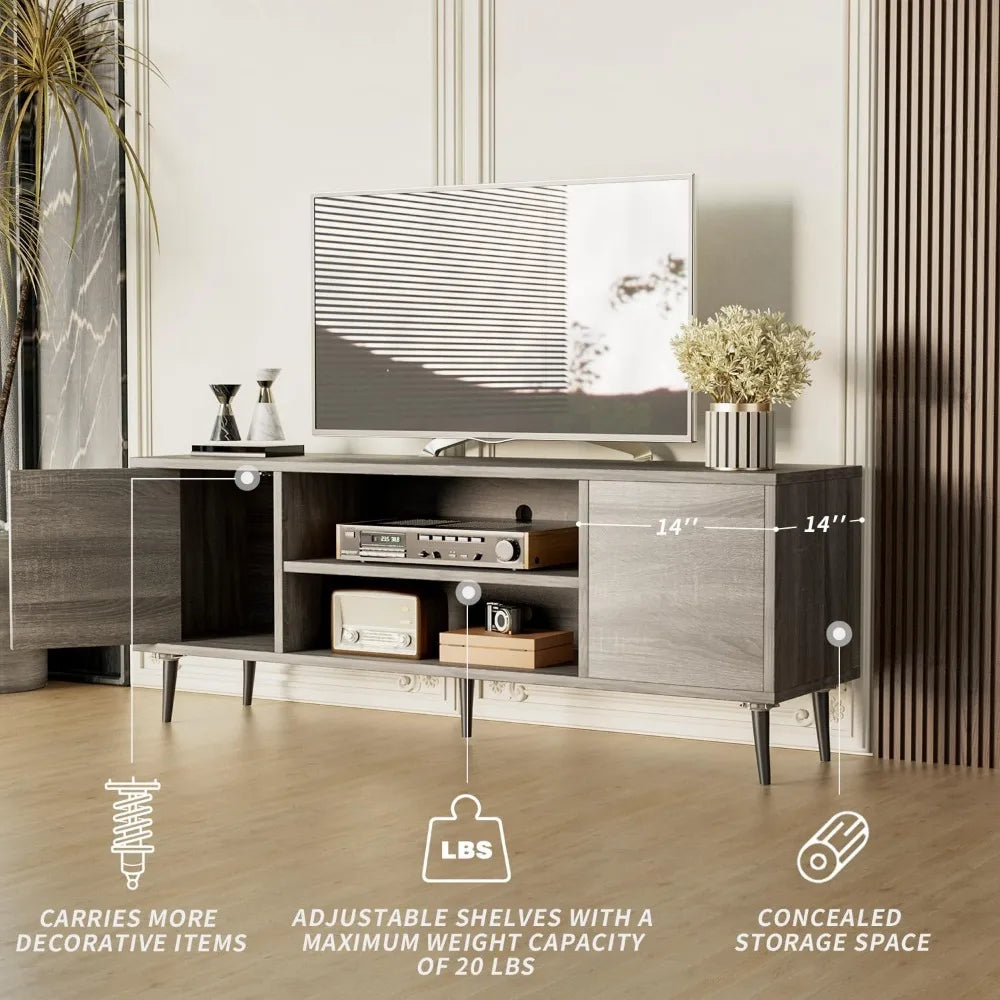 Mid Century Modern 65 TV Stand with Storage and Open Shelves for Entertainment Center