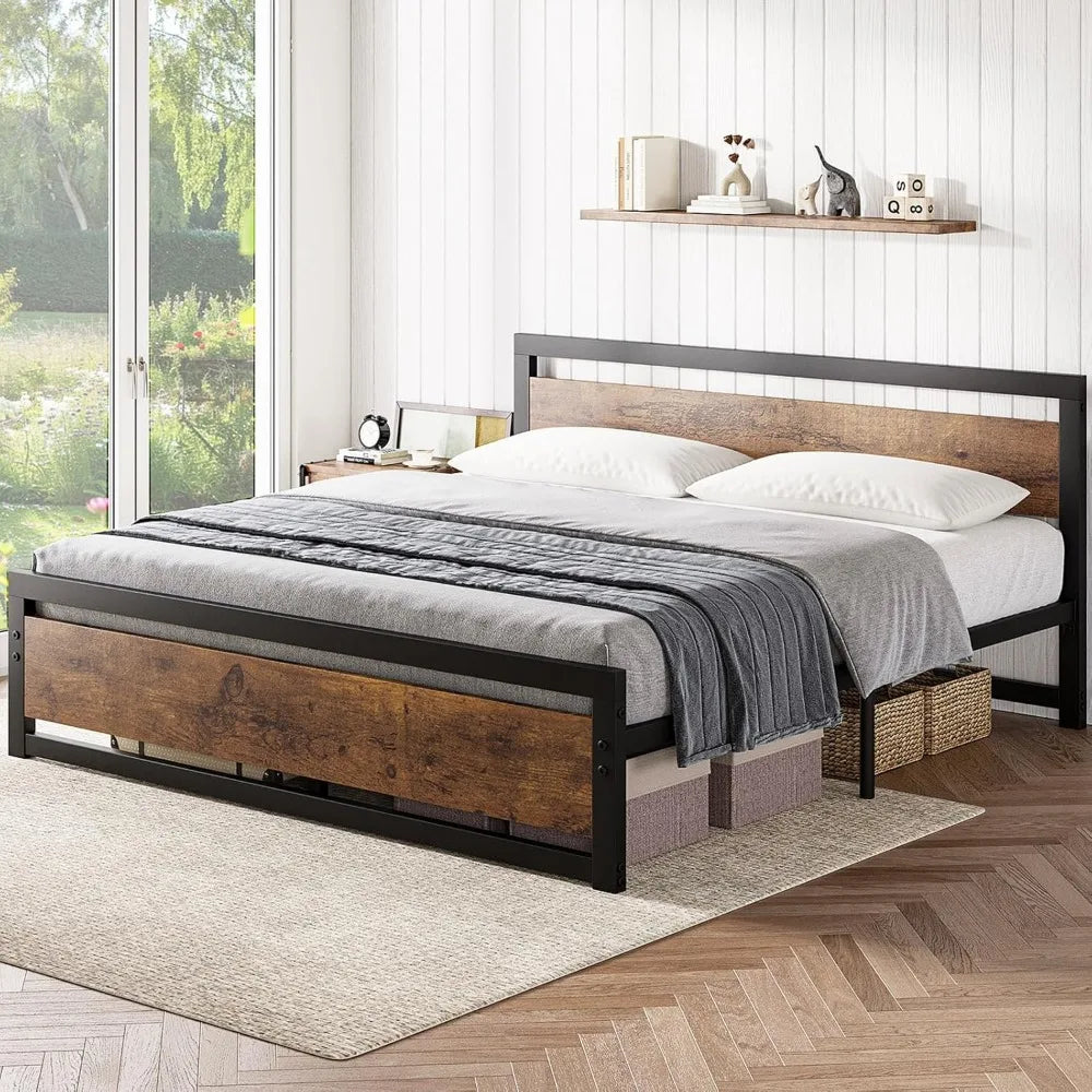 Industrial Style King Size Platform Bed Frame with Headboard, No Box Spring Needed, Easy Assembly for 14 Inch Mattress
