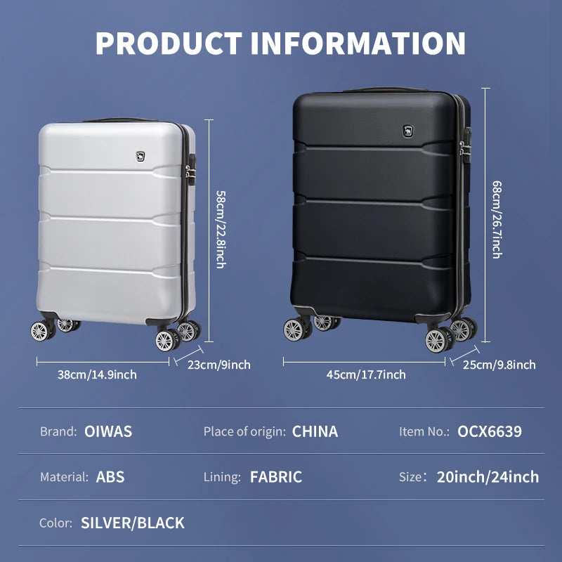 OIWAS Cabin Luggage Silent 360° Wheels And TSA Lock, Ultra-Light ABS Carry On Suitcase for Business Travel Men and Women
