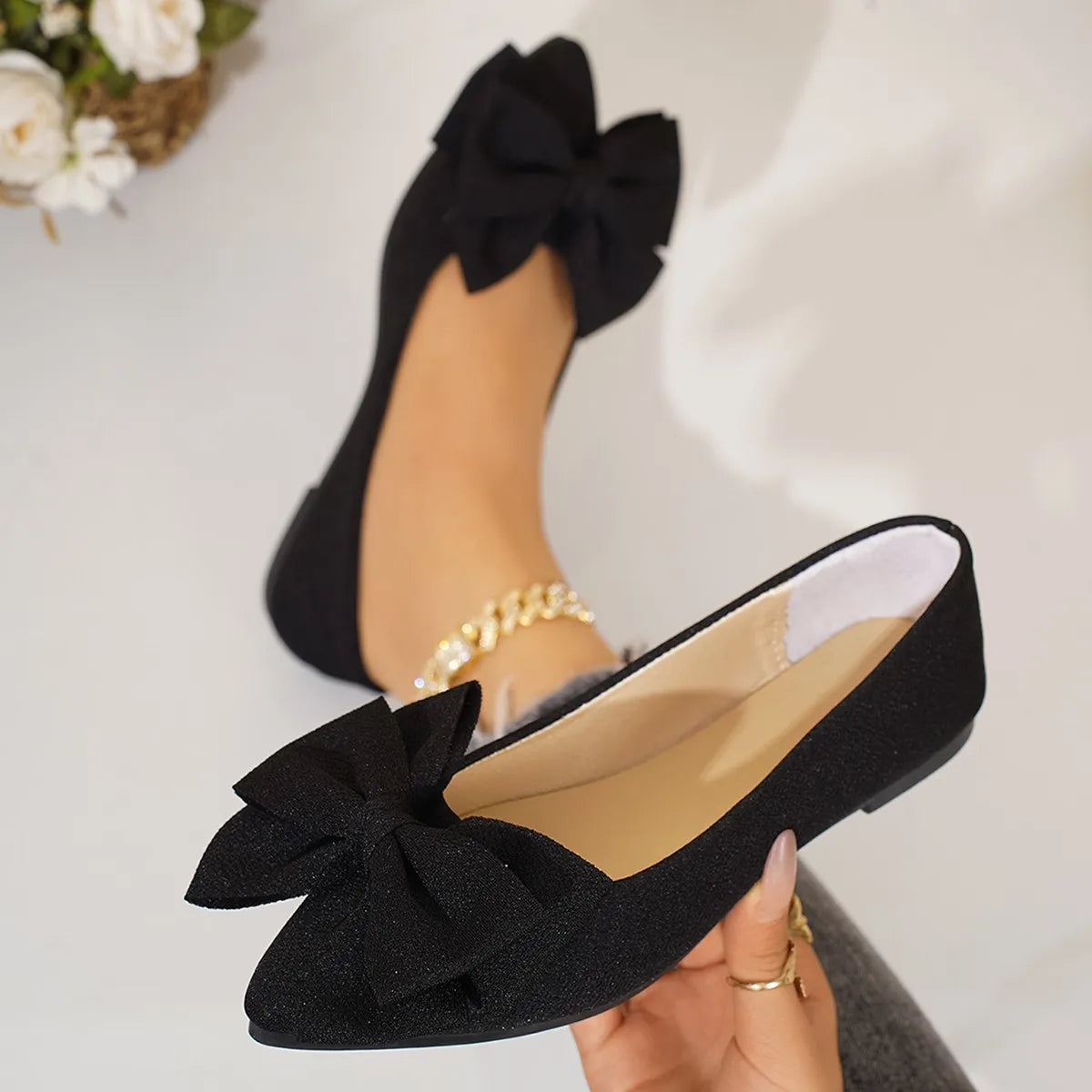 Women Flats Bowtie Pointed Toe Shoes Female Walking Dress Shoes Spring Fashion Casual Footwear Shallow Zapatillas Mujer