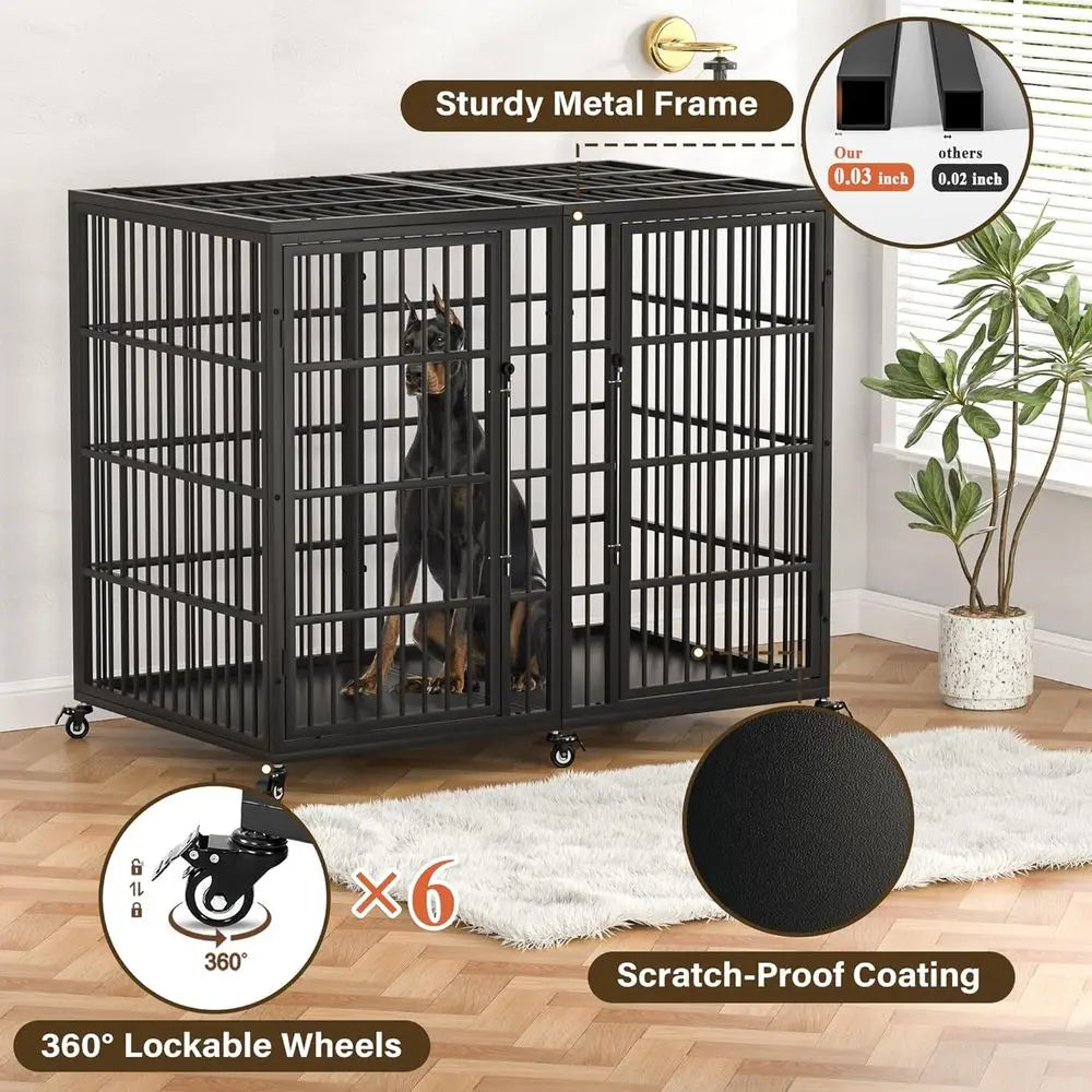 XXL Heavy Duty Steel Dog Crate with Double Doors, Wheeled, Ideal for Great Danes and Large Breeds