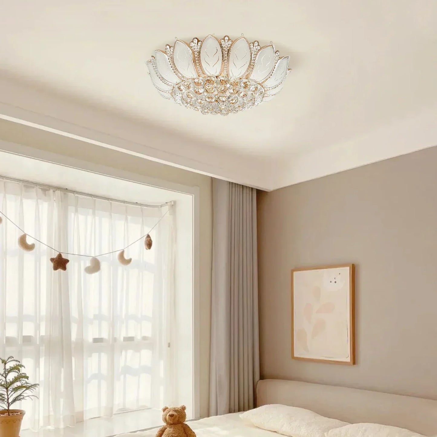 23.5Inch Flower Shaped Crystal Chandelier, E12 110V Gold Crystal Ceiling Lamp Modern Chandelier Hanging Lamp Flush Mount