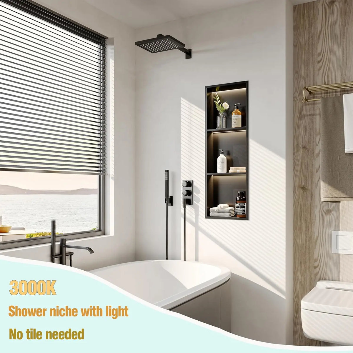3-Tier 12x36“ Recessed Shower Niche with LED Light, Matte Black Stainless Steel Wall-Mounted Bathroom Shelf, 3000K Warm