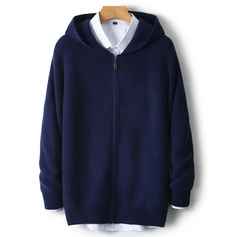 Men 100% Merino Wool Sweater Hooded Zipper Cardigan Autumn Winter Thickened Knit Large-size Jacket Long Sleeved Sportswear Coat