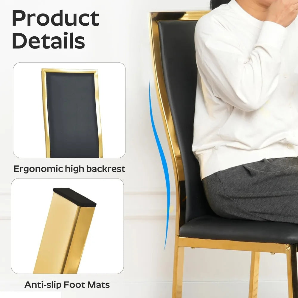 Contemporary 4-Piece Dining Chair Set - Black Synthetic Leather with Chrome Gold Legs, High Curved Back and Cloud-Like Cushionin