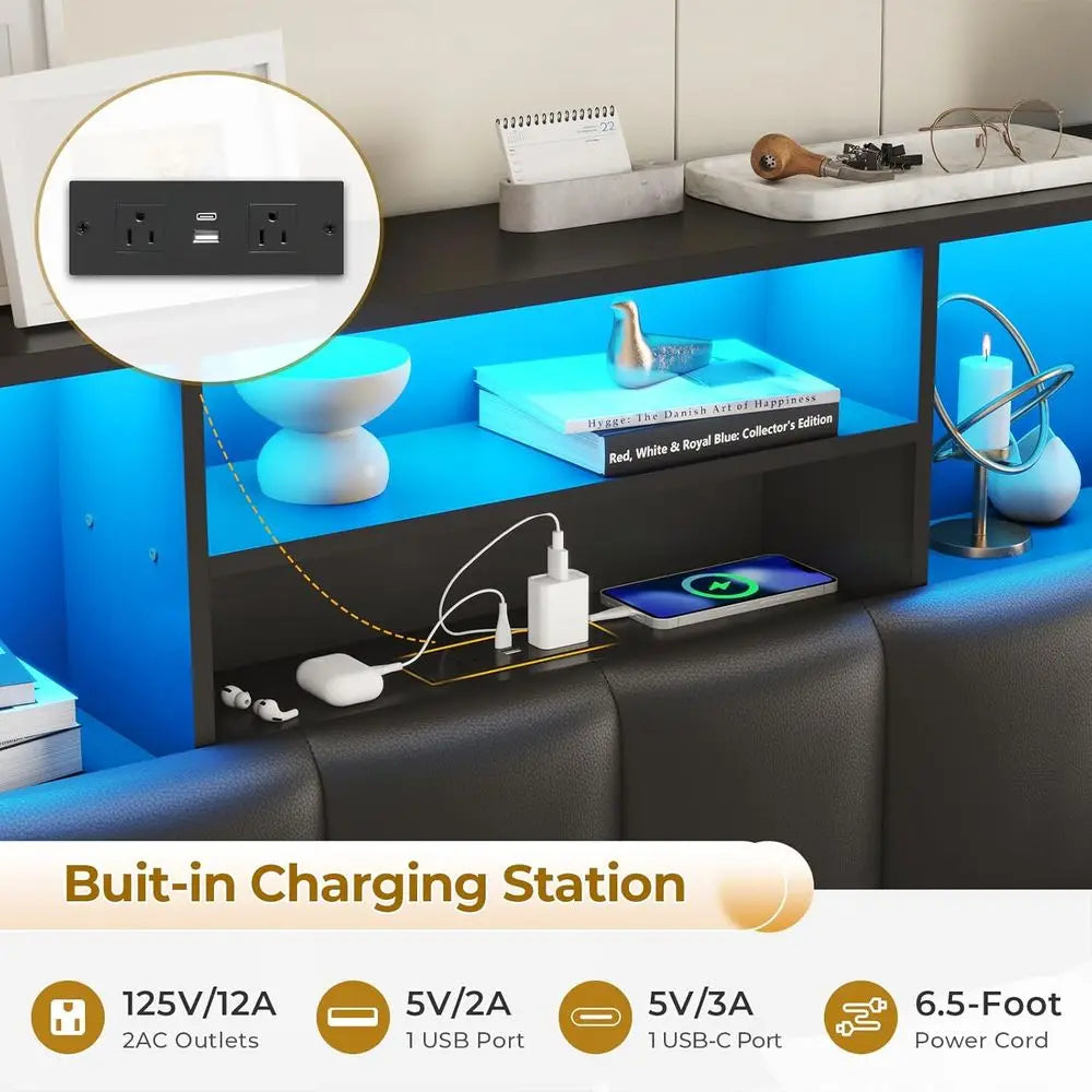 Queen Wooden Bed Frame with Bookcase Headboard, LED Lights, Charging Ports, Storage Drawers, Black