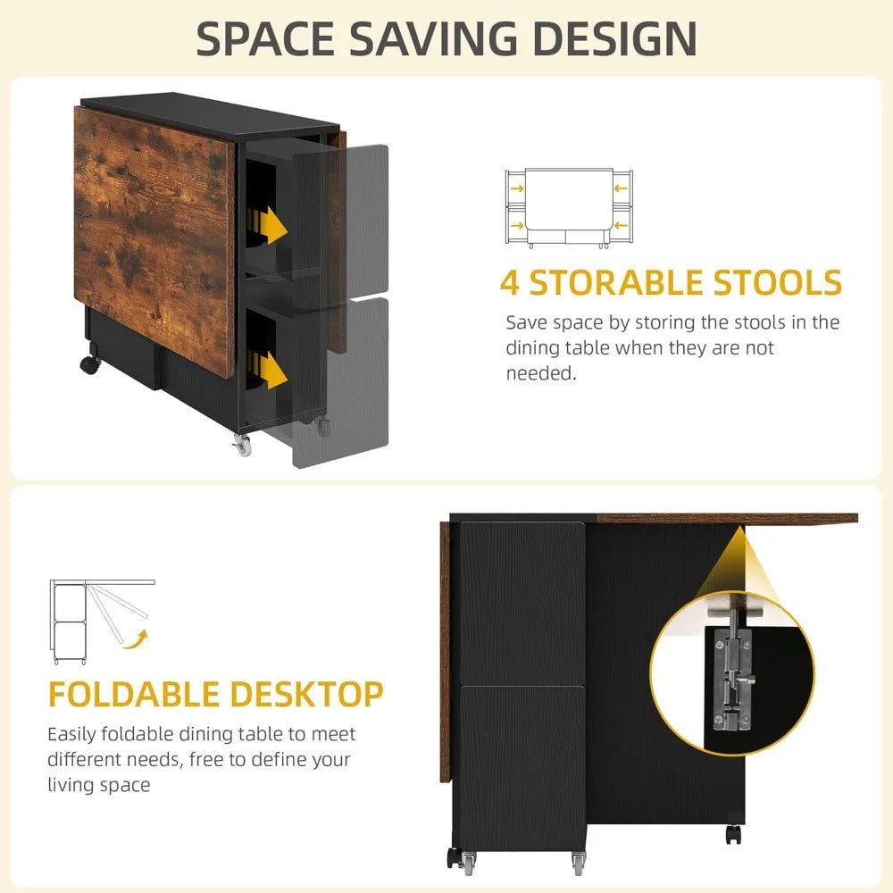 "5-piece drop leaf extendable dining table set with 4 chairs for 4 people, 55-inch wooden kitchen dining room furniture"