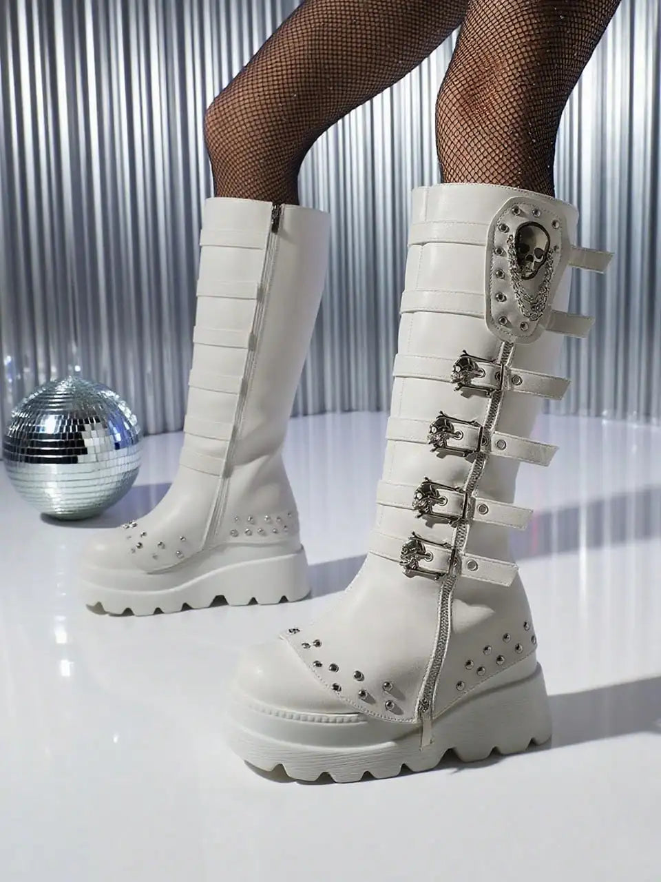 Women's Gothic Buckle Skull Knee High Boots Platform Y2k Punk Wedges High Heels Thick Sole Chain Rivet Decor Halloween Shoes