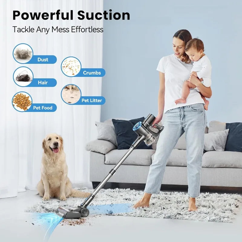Vazone Cordless Vacuum Cleaner, Lightweight Stick Vacuum Cleaner with Self-Standing, Rechargeable Battery and LED Display, Blue