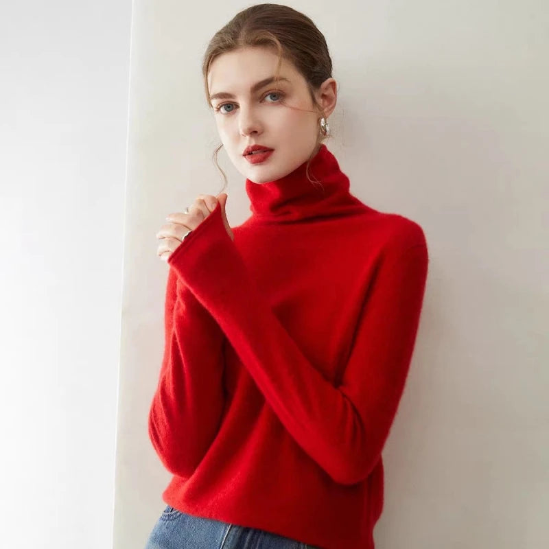 100%Merino Pure Wool Sweater Women's AutumnWinter Long Sleeve High Neck Pullover Warm High Quality Solid Color Basic Knit 2028