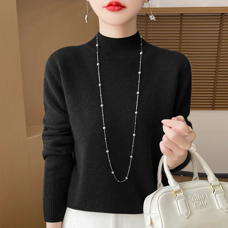 One Line Half Height 100% Andy Velvet Knitted Sweater For Women's Autumn And Winter New Top, Loose Long Sleeved Basic Style GH79