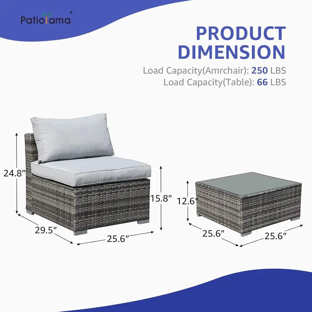 All-Weather Grey PE Wicker Outdoor Sectional Sofa Set with Light Grey Cushions for Patio, Balcony, and Garden