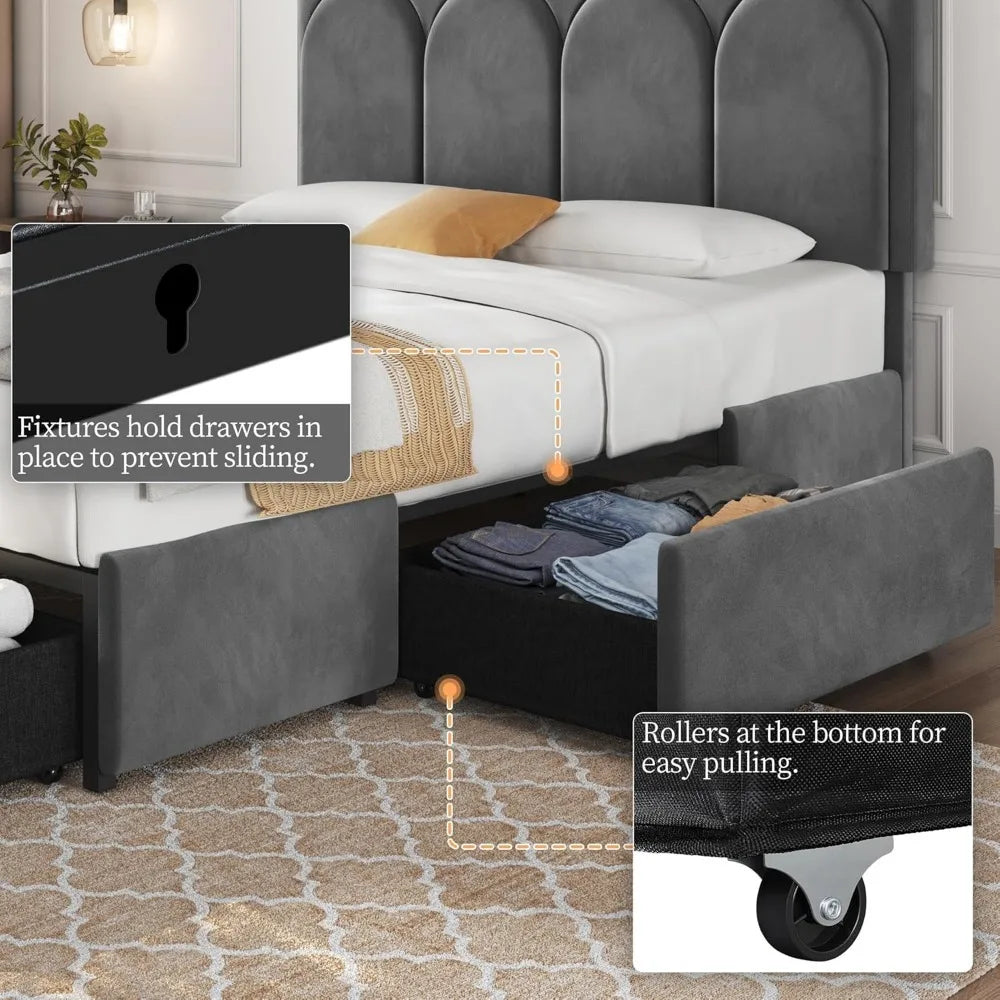 Yaheetech Queen Bed Frame Upholstered Platform Bed with 4 Drawers Storage and Adjustable Headboard,Arch Channel Tufted Headboard