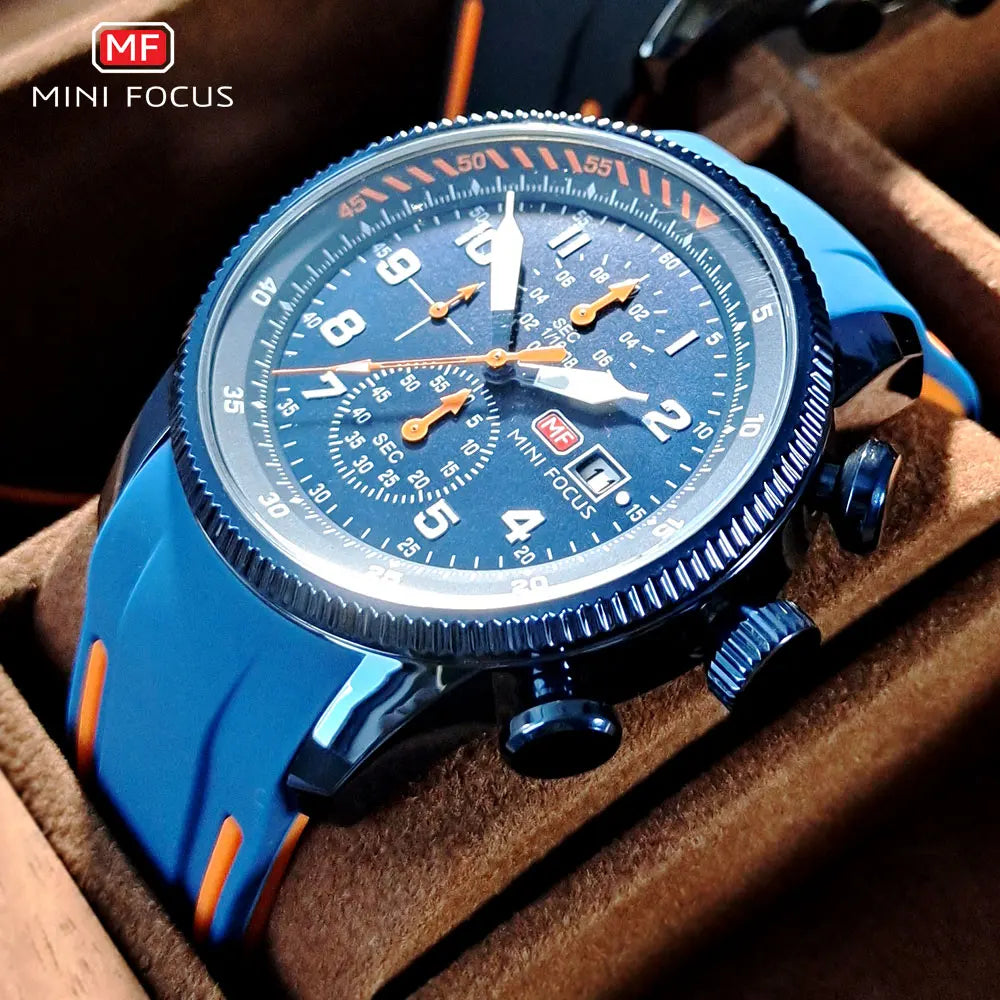 MINI FOCUS Military Sport Quartz Watch for Men Blue Silicone Strap Chronograph Luminous Wristwatch with Date Waterproof 0379