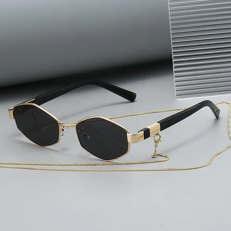 New Fashion Sunglasses with Chain for Women Luxury Brand Design Polygonal Sun Glasses for Female Small Frame Eyewear
