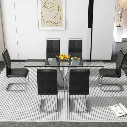 Glass Dining Room Table Set for 6,Grey Dining Table with 6 PU Leather Dining Chairs.71'' Kitchen Table with Natural