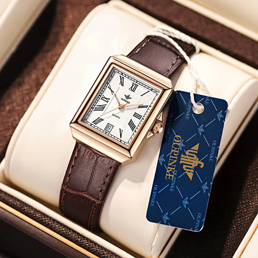 OUPINKE 3182 Simple Womens Watches Elegant Rectangular Dial Quartz Watch Leather strap Date Waterproof Original Lady Wristwatch