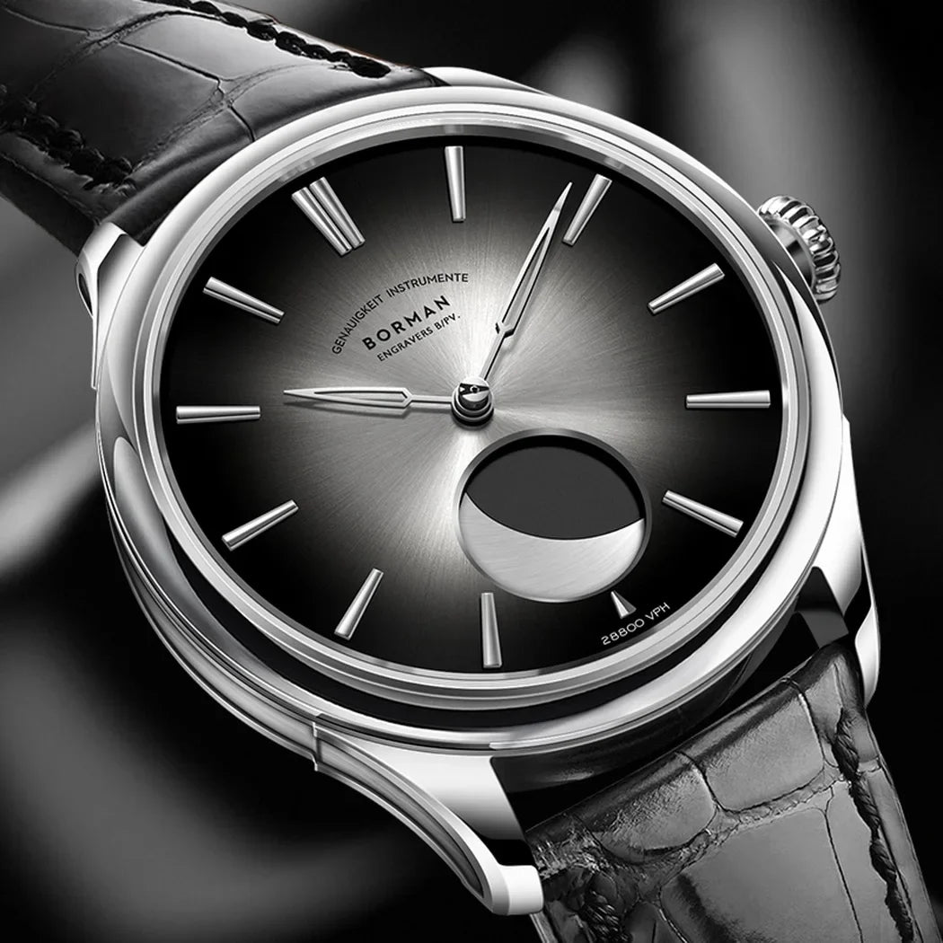 Borman Mens Automatic Watches Luxury Moon Phase Male Watch Mechanical Wristwatch Fashion 50M Waterproof Sapphire Leather Strap