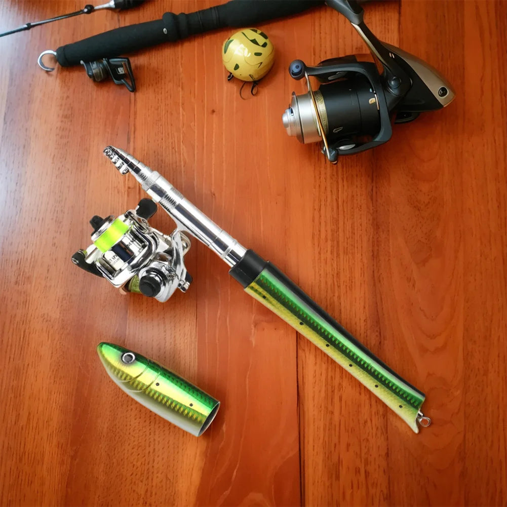 Portable Fish Shaped Fishing Rod Pole Reel Telescopic Mini Pocket Pen Fishing Rod Reel Combo Travel Fishing Rod Gifts for Men