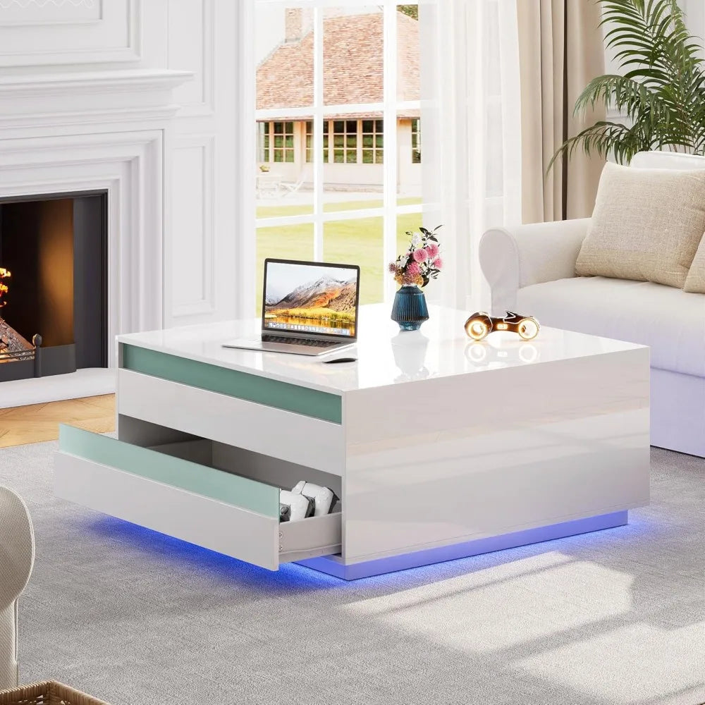High Gloss Coffee Table with Storage,White Square Lift Top Coffee Tables with LED & Flip Lid, Small Modern Coffee Table for Livi