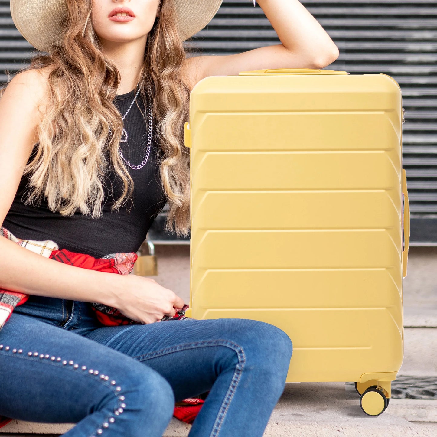 3 in 1 ABS&PC Trolley Box 20in 24in 28in Trolley Box Iron Tie Rod ABSPC Alloy Wine Yellow  luggage travel bag