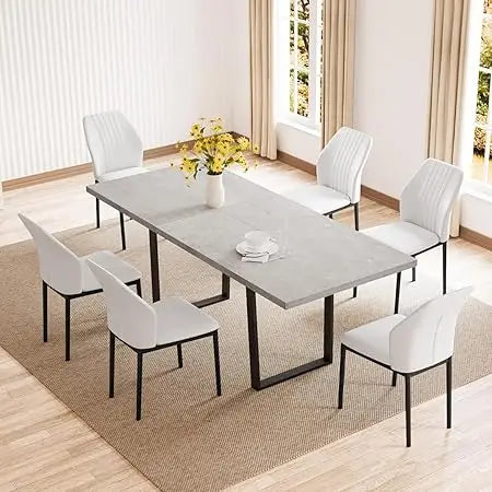 Modern Mid-Century Extendable Dining Table Set – 51"-67" Wooden Table with 6 Upholstered Chairs, Stylish & Durable for 6-8 Peop