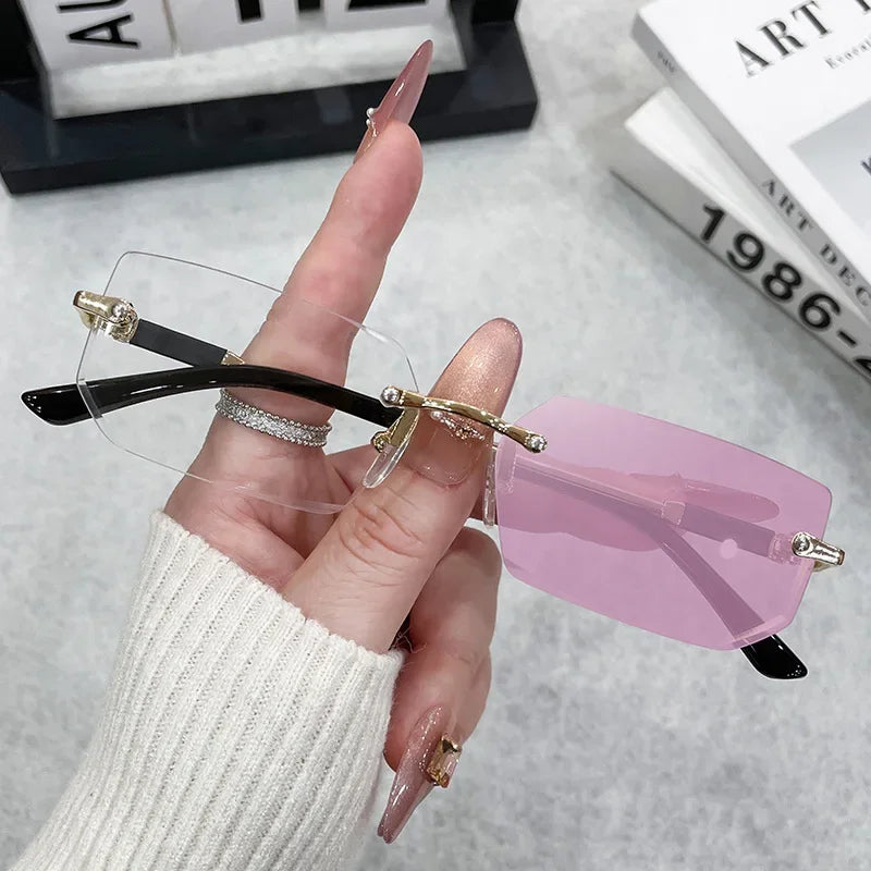 Fashion Rimless Rectangle Sunglasses Popular Women Men Shades Small Square Sun Glasses For Female Male Summer Traveling Oculos
