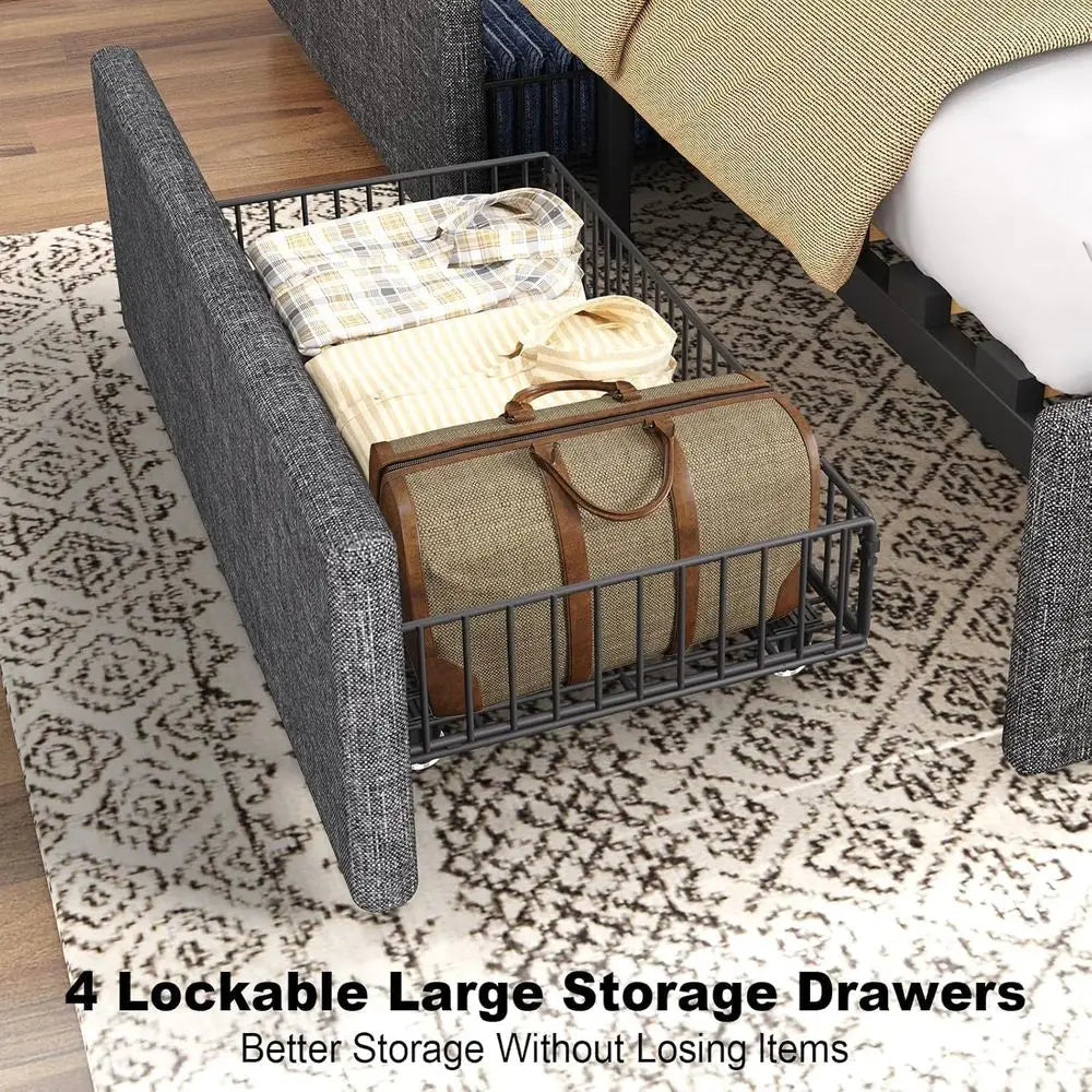 King Size Upholstered Bed Frame with Headboard, 4 Drawers, Charging Station, Dark Grey, Easy Assembly, No Box Spring Needed